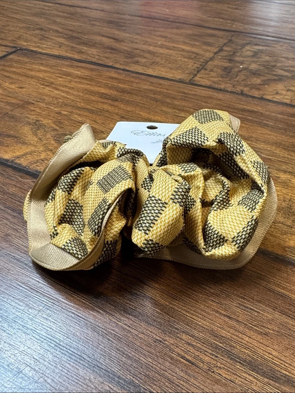 Ettas Mustard Black Plaid Satin Reversible Oversized Scrunchie NWT